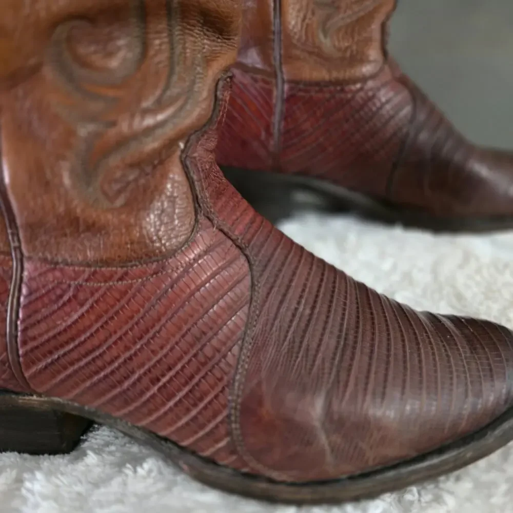 Vintage Tony Lama Brown Stitched Teju Lizard Leather Western Boots MENS SIZE 9